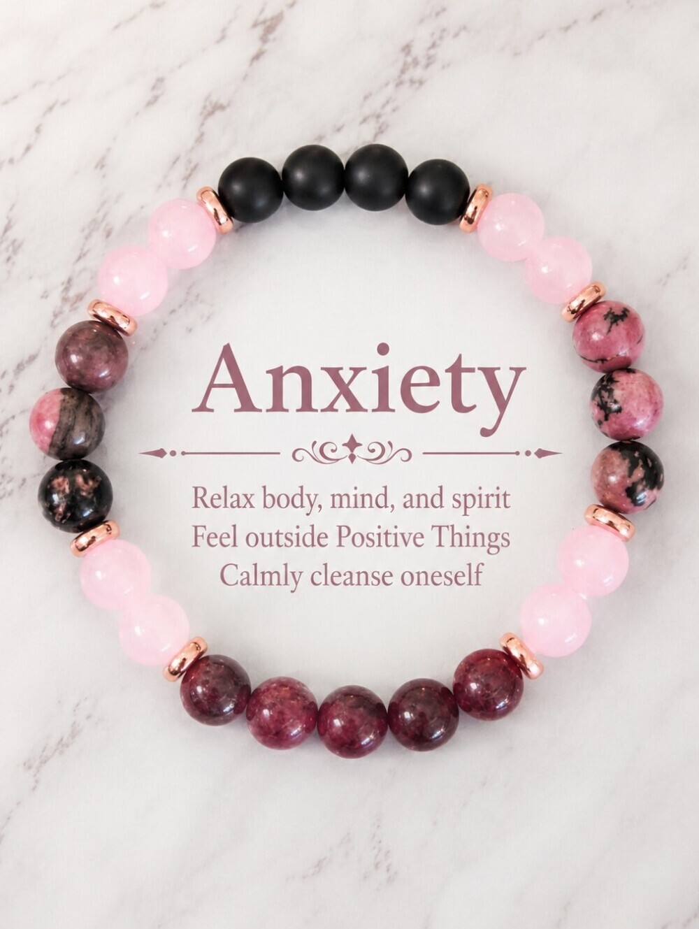 Anxiety Relief Crystal Bracelet Pink Rhodonite Rose Quartz Stretch Beaded